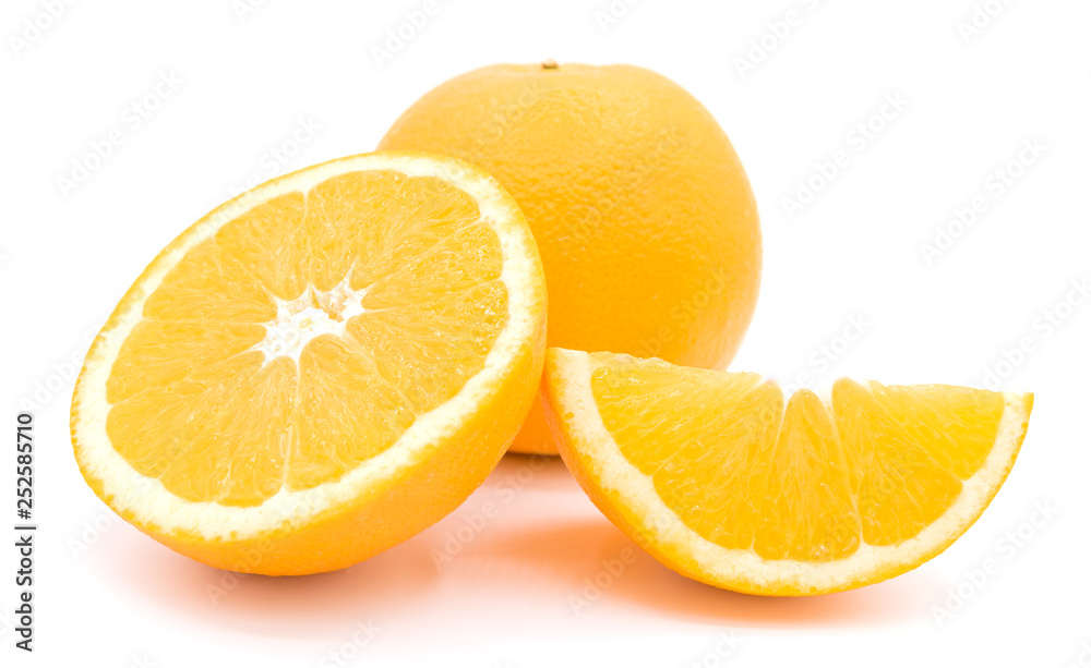 Top view of textured ripe slice of orange citrus fruit isolated on white background. 