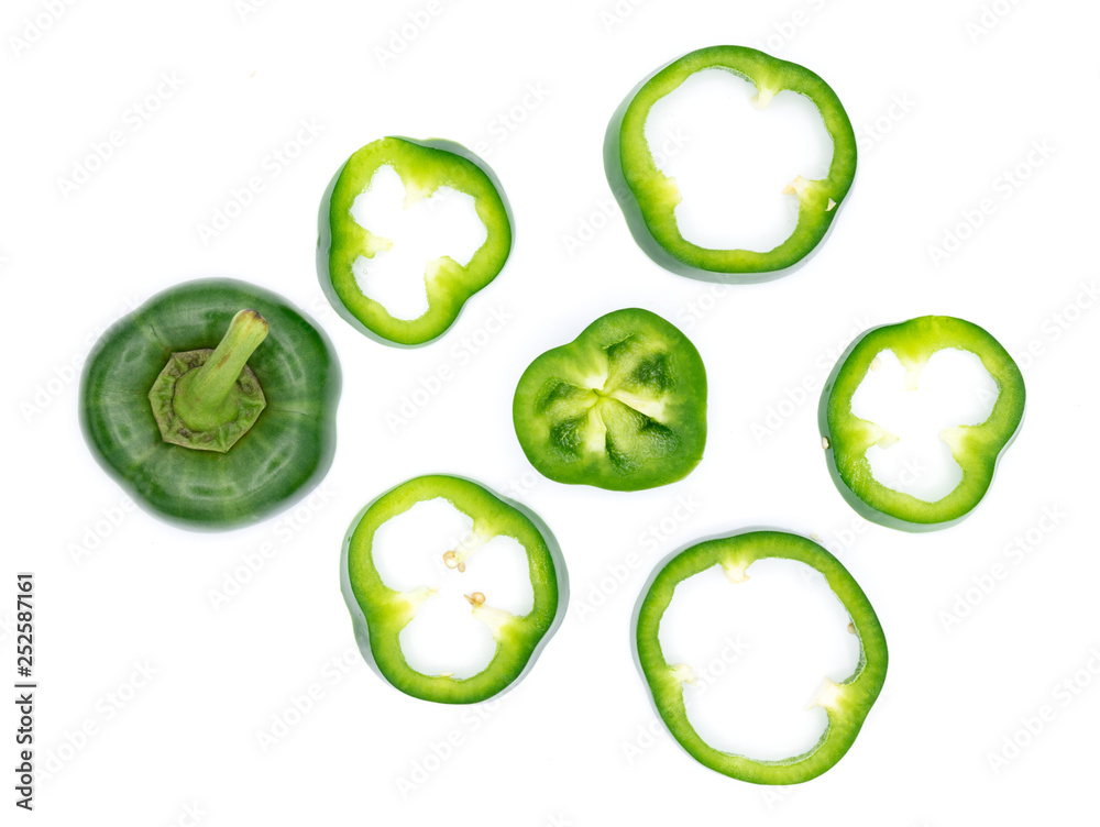 Set of sliced red bell pepper section pieces isolated over white background, view above Set of sliced red bell pepper section pieces isolated over white background, view above