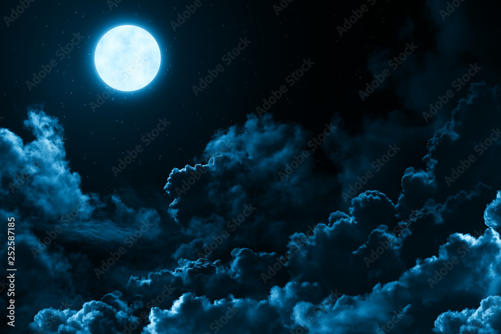 Bright full moon in the mystical midnight sky with stars surrounded by  dramatic clouds. Dark natural background with night sky with moon and  clouds Stock Photo | Adobe Stock