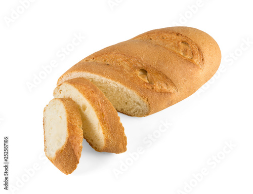 loaf of white bread with cut slices with shadows isolated on a white background. 100 sharpness of the stack image.