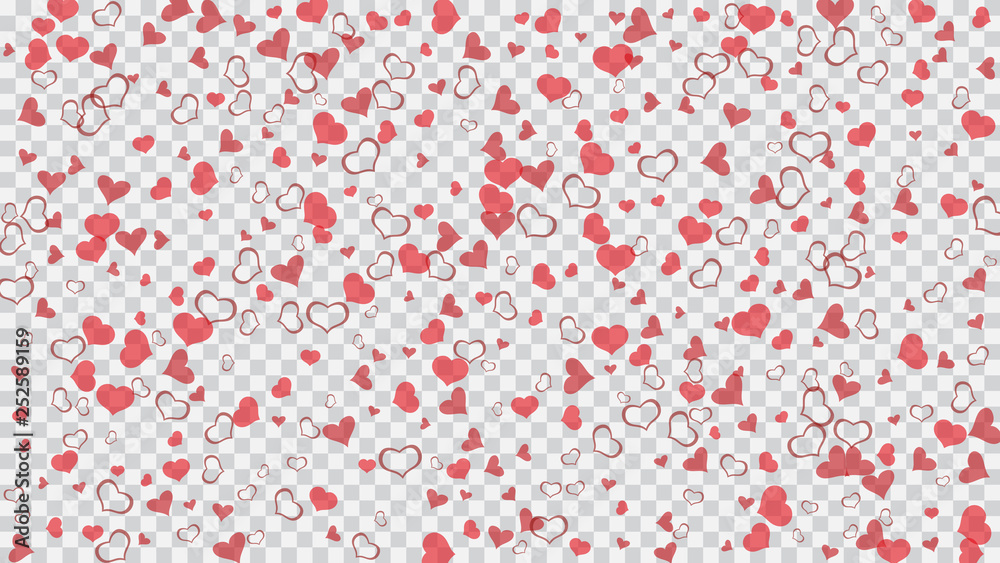 A sample of wallpaper design, textiles, packaging, printing, holiday invitation for birthday. Red on Transparent background Vector. Spring background. Red hearts of confetti are flying.