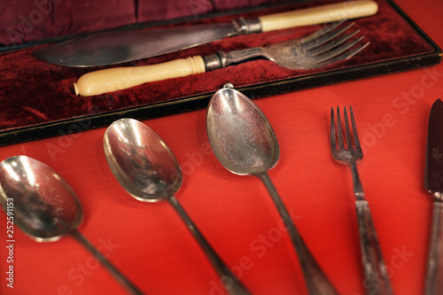 Display of old cutlery from mid 20 th century. photo