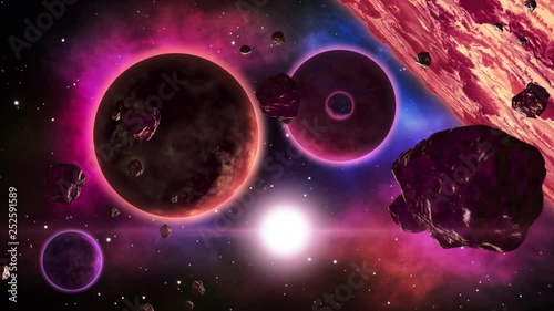 Rotating asteroids and planets. 3d seamless animation. Space art collection.