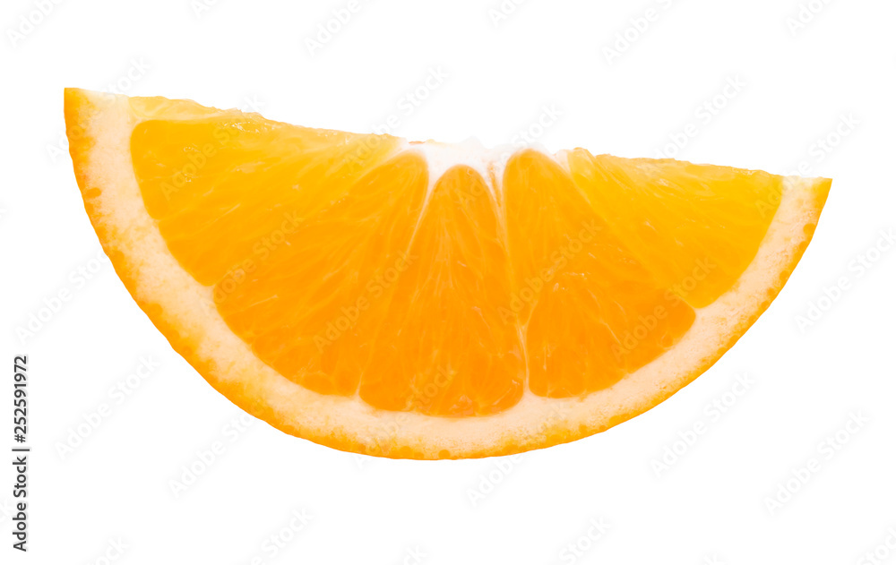 Top view of textured ripe slice of orange citrus fruit isolated on white background. Top view of textured ripe slice of orange citrus fruit isolated on white background.