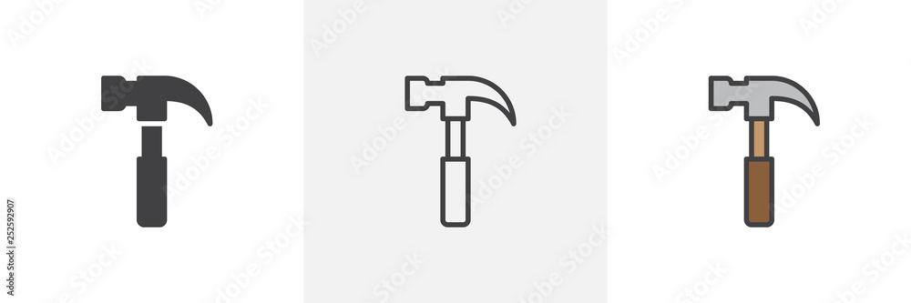 Carpenter hammer icon. Line, glyph and filled outline colorful version, claw hammer outline and filled vector sign. Symbol, logo illustration. Different style icons set. Pixel perfect vector graphics Carpenter hammer icon. Line, glyph and filled outline colorful version, claw hammer outline and filled vector sign. Symbol, logo illustration. Different style icons set. Pixel perfect vector graphics