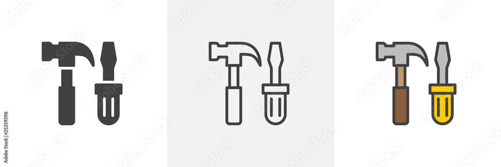 Hammer and screwdriver icon. Line, glyph and filled outline colorful version, work tool outline and filled vector sign. Craftsman tool symbol, logo illustration. Different style icons set