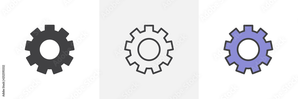 Settings gear icon. Line, glyph and filled outline colorful version, cog wheel outline and filled vector sign. Symbol, logo illustration. Different style icons set. Pixel perfect vector graphics