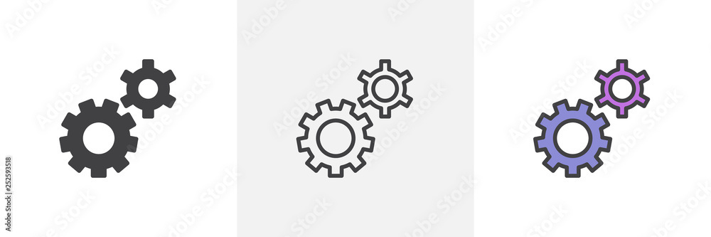 Setting gears icon. Line, glyph and filled outline colorful version, clock gear outline and filled vector sign. Symbol, logo illustration. Different style icons set. Pixel perfect vector graphics