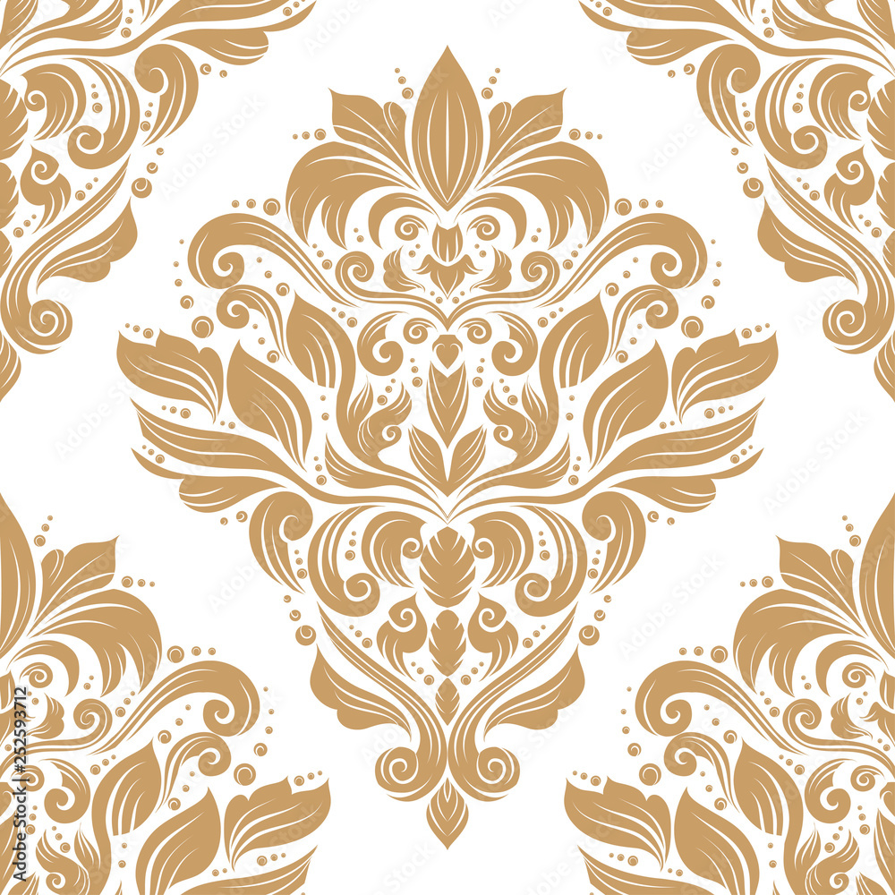White and gold floral seamless pattern. Folk ornament vector, vintage elements. Traditional, Turkish, Indian motifs. Great for fabric and textile, wallpaper, packaging or any desired idea.