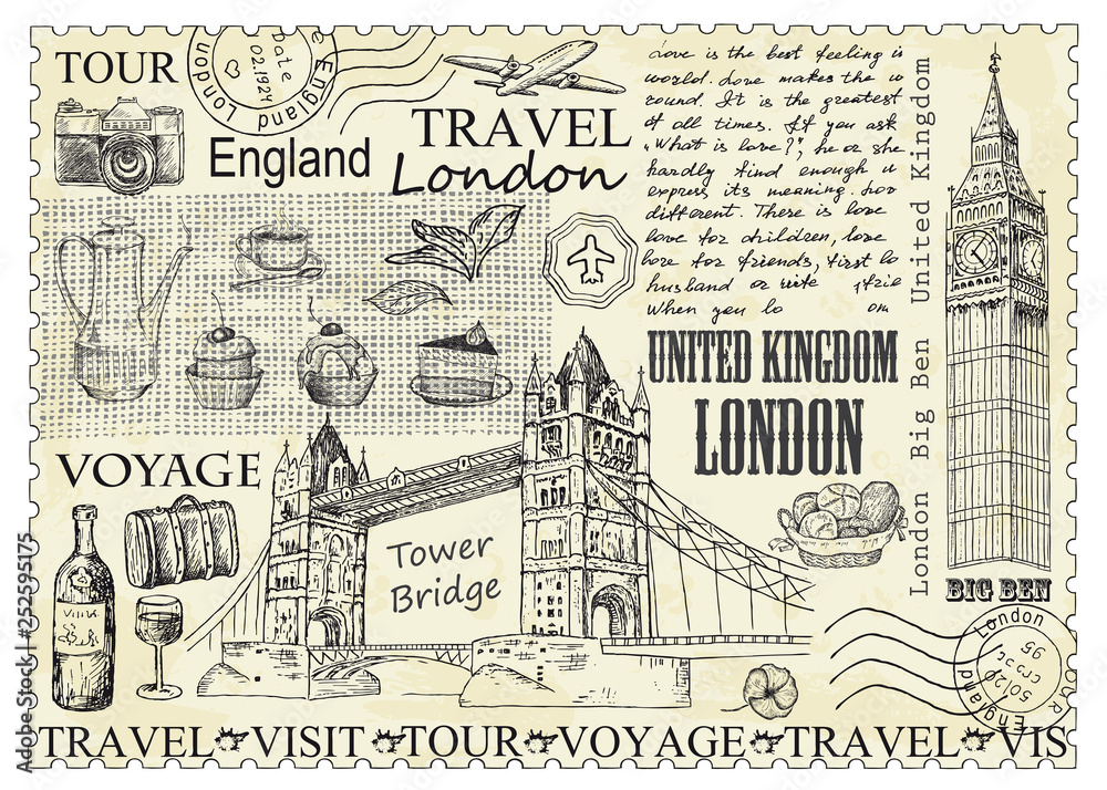 Stamp London with Big Ben and Tower Bridge. Stamp London with Big Ben and Tower Bridge.