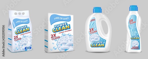 Laundry detergent pack mockup set, vector realistic illustration