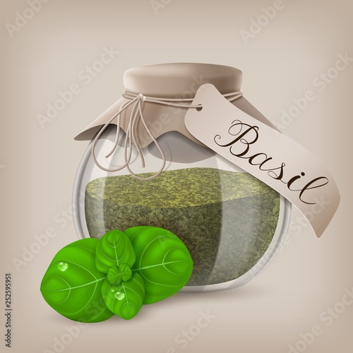 Basil dry spice in a jar with basil leaves. Vector illustration