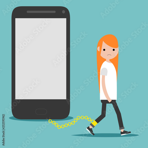 Social problem smartphone addiction.Nomophobia.Young character on the chain on the phone.Flat cartoon illustration with space for your text.clip art