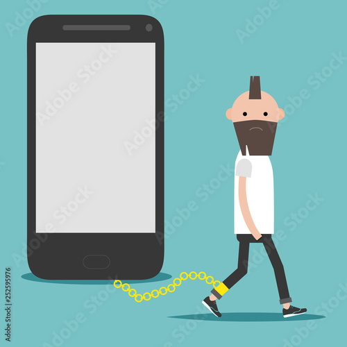 Social problem smartphone addiction.Nomophobia.Young character on the chain on the phone.Flat cartoon illustration with space for your text.clip art