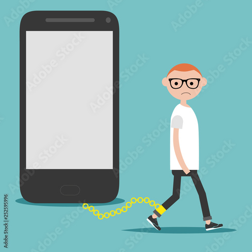 Social problem smartphone addiction.Nomophobia.Young character on the chain on the phone.Flat cartoon illustration with space for your text.clip art