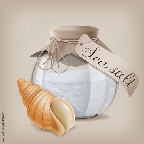 Sea salt in a glass jar and seashell. Vector illustration