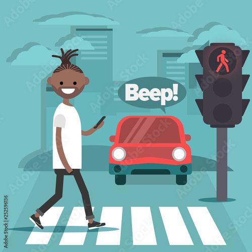 Young character crossing the street on red light.Nomophobia.honking car.flat cartoon illustration.clip art