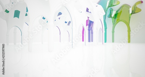 Abstract white and colored smooth gradient glasses gothic interior. 3D illustration and rendering.