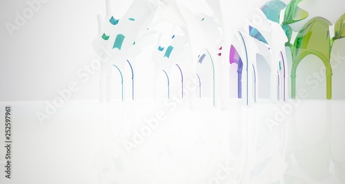 Abstract white and colored smooth gradient glasses gothic interior. 3D illustration and rendering.