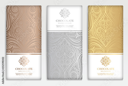 Luxury golden packaging design of chocolate bars. Vintage vector ornament template. Elegant, classic elements. Great for food, drink and other package types. Can be used for background and wallpaper.