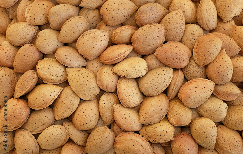 Whole almonds in shells background Whole almonds in shells background