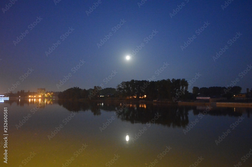 river, Kuban, moon, embankment, trees, Krasnodar, night city, Russia