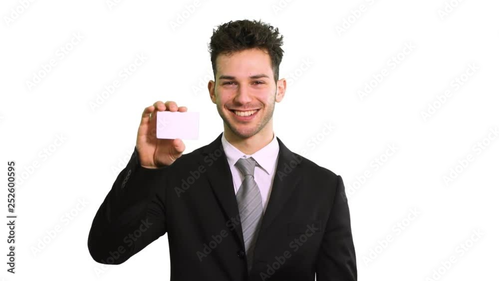 Smiling business man showing business card, isolated on white background Smiling business man showing business card, isolated on white background