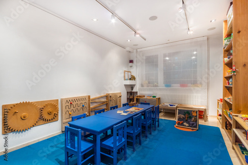 Playroom with a lot of object on table. Art room for education children's creativity. © alhim