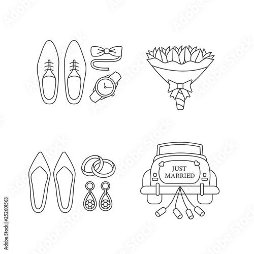 Wedding planning linear icons set