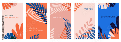 Vector set of abstract backgrounds with copy space for text, leaves and plants - bright vibrant banners in red and blue colors, posters, packaging cover design templates, social media stories wallpape