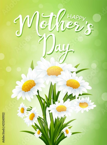 Mother's day greeting card with chamomile flowers and lettering on green background