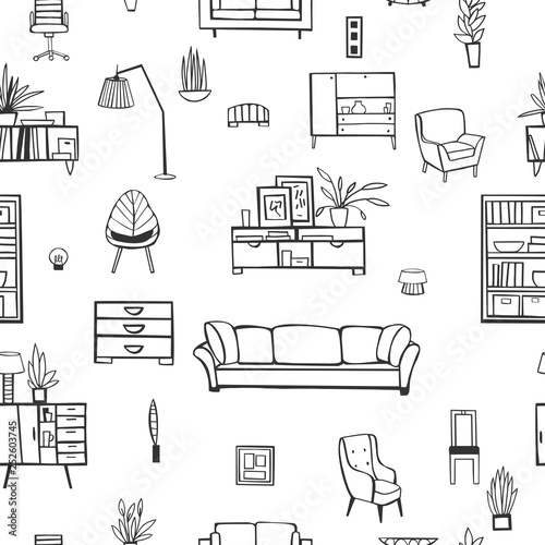Furniture, lamps and plants for the home. Vector seamless pattern