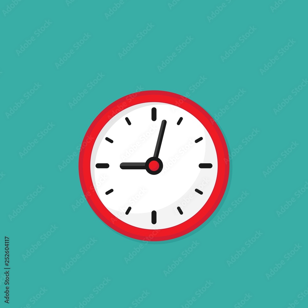 red and white clock. Flat icon isolated on powder blue. red and white clock. Flat icon isolated on powder blue.