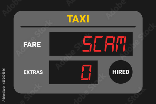 Taxi scam - taxi is cheating with meter - overcharging and expensive fare for transportartion. Vector illustration