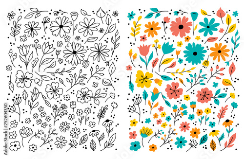 Doodle flowers Hand drawn floral set. Children cartoon drawing. Vector symbols