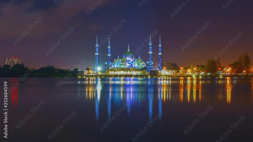 Timelapse of Crystal Mosque at night, tilt up effect Timelapse of Crystal Mosque at night, tilt up effect