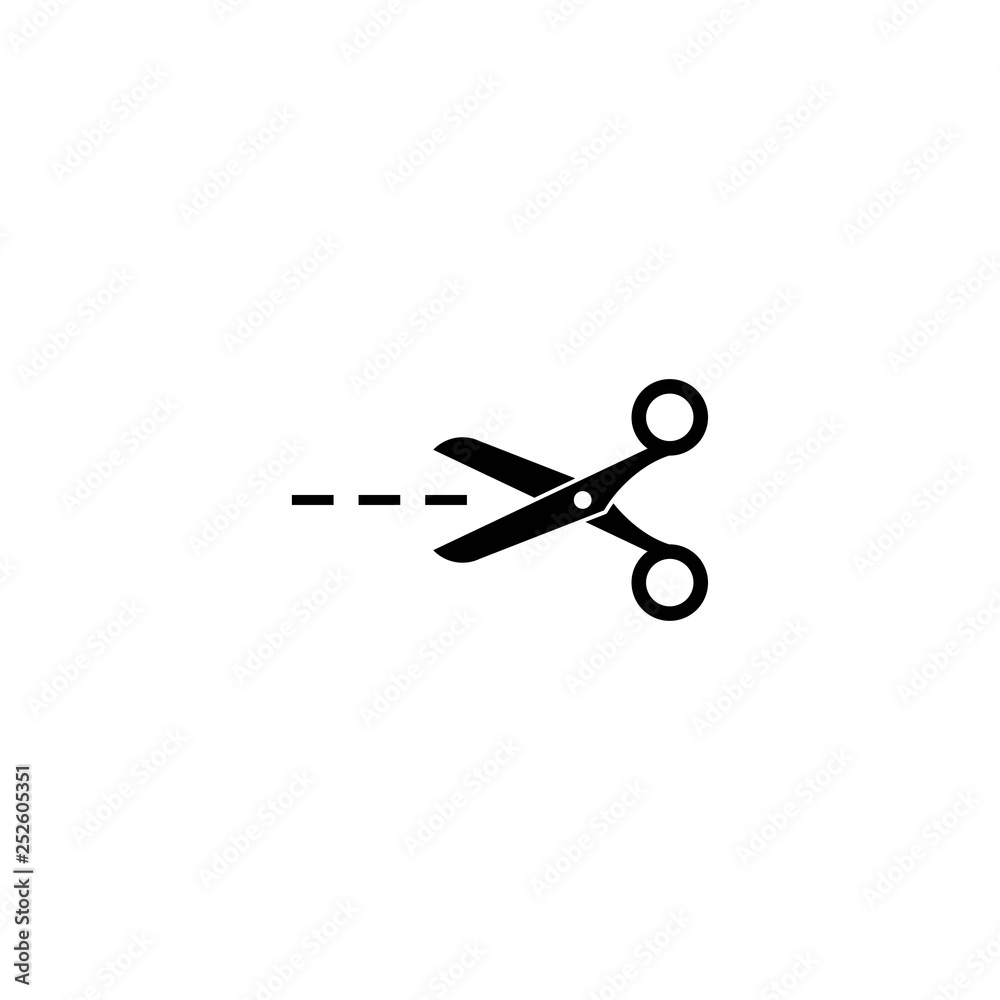 Black open scissors with stitch line icon isolated on white. Cut sign. Black open scissors with stitch line icon isolated on white. Cut sign.