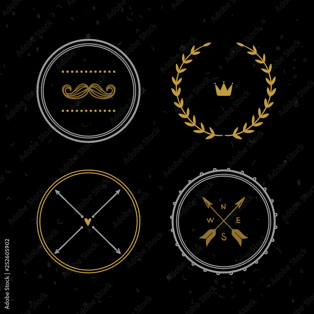 Hipster labels and circle frames vector set. Gold and silver design elements on black background