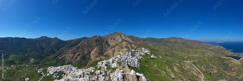 Aerial drone photo of picturesque main village or hora of Serifos island with breathtaking view to the Aegean sea in spring, Cyclades islands, Greece
