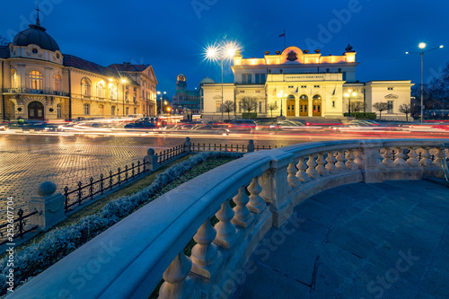 Amazing Night photo of National Assembly and Bulgarian Academy of Sciences in city of Sofia, Bulgaria