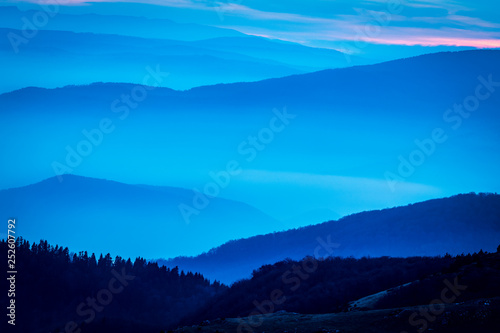 Aerial view landscape of Layers of Mountain Ridges and fog