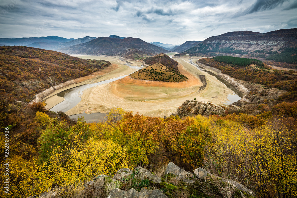 Meanders of Arda river, Kardzhali dam, Bulgaria in autumn with low water level.
