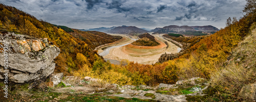 Meanders of Arda river, Kardzhali dam, Bulgaria in autumn with low water level.