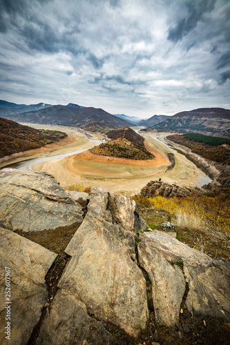 Meanders of Arda river, Kardzhali dam, Bulgaria in autumn with low water level.