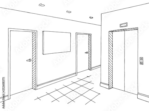 Corridor graphic black white interior sketch illustration vector