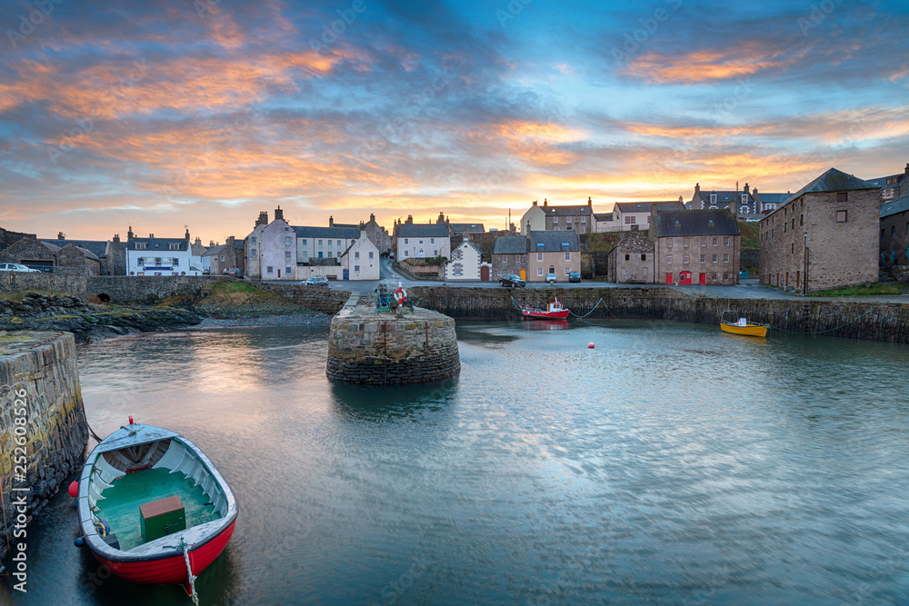 Sunset over Portsoy a fishing village in Aberdeenshire on the east coast of Scotland