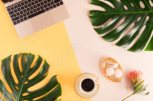 Flat lay and top view of woman desk with laptop, decorated with palm leaf. Fe...