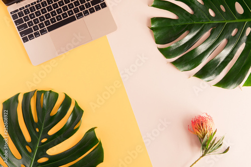 Flat lay and top view of woman desk with laptop, decorated with palm leaf. Fe...