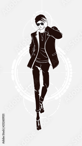 Stylish fashion man. Stylish handsome man in fashion clothes. Sketches on a white background. Vector illustration.