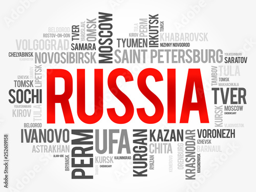 List of cities and towns in Russia, word cloud collage, business and travel concept background